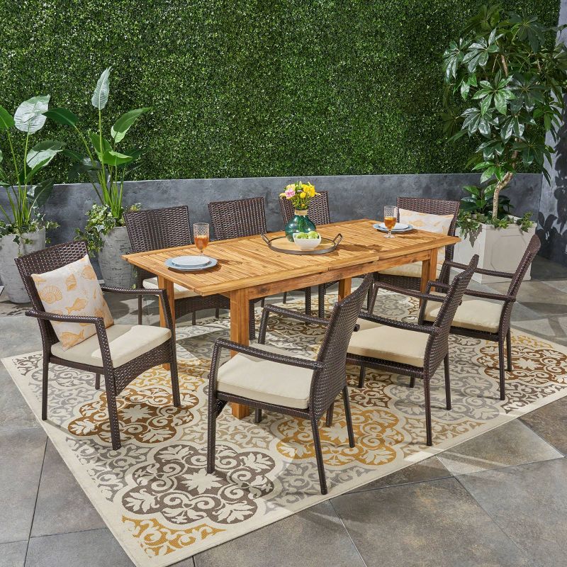 Davenport 9pc Wood &#38; Wicker Expandable Dining Set - Natural/Brown/Cream - Christopher Knight Home, 3 of 10