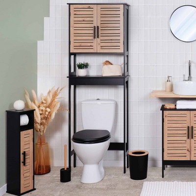 Evideco French Home Goods Over The Toilet Storage Cabinet with Double Vented Doors and Open Shelf, Black and Brown - Bergen Collection