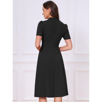 Женские платья INSPIRE CHIC Women's Short Sleeve V Neck Button Decro Pleated Business Casual A-Line Midi Dresses Large Black — фото 3