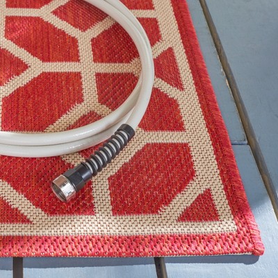 Red and Creme Geometric Synthetic Runner Rug, 2'-2" x 6'