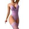 Clotth Women's Sexy Lace Corset Set - Corset with Stockings and Garter Belt, Lace Lingerie Set, Elegant Lingerie for Women, Purple - 2 of 4