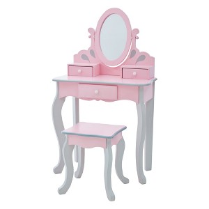 Rapunzel Princess Kids Play Vanity Table & Stool – Wooden Makeup Vanity Set with Mirror and Storage Drawers, Pink & Gray - 1 of 4