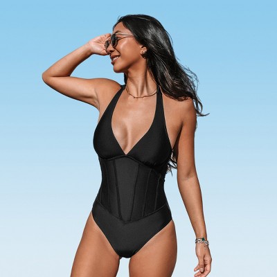 Women's Black Binding Halterneck One-Piece Swimsuit - Cupshe