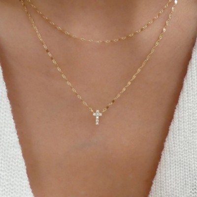 Clotth 925 Sterling Silver Double-Layered Pave Cross Pendant Necklace: The Ultimate Street Trendsetter's Statement for Women