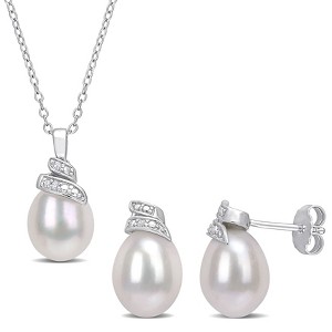 EVERLY JEWELRY | Sterling Silver 6.5-7mm White Cultured Freshwater Pearl and Diamond Accent Swirl Earrings and Pendant Set - 18 in - 1 of 3