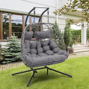 Brafabhome 2 Person Hanging Egg Chair with Stand, Rattan Wicker Double Egg Swing Chairs Hammock Chair with Fluffy Cushion for Indoor Outdoor Backyard - 1 of 4