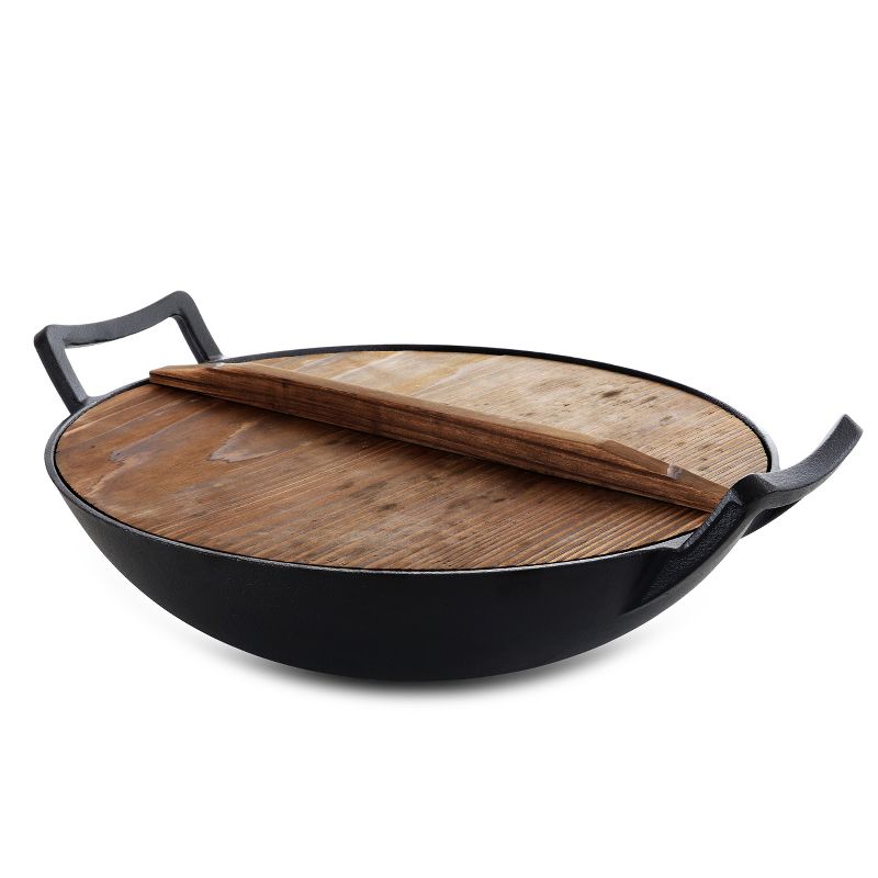 General Store Addlestone 2 Piece 14 Inch Heavy Duty Cast Iron Wok with Wood Lid, 5 of 9