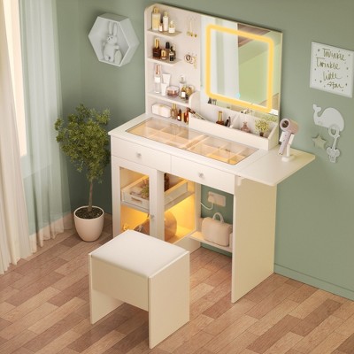 Small Vanity Desk with Mirror and Lights and Chair, Makeup Vanity with Glass Top and 2 USB Power Strip