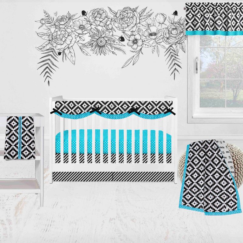 Bacati - Love Aztec Print Black Turquoise 6 pc Crib Bedding Set with Long Rail Guard Cover, 1 of 11
