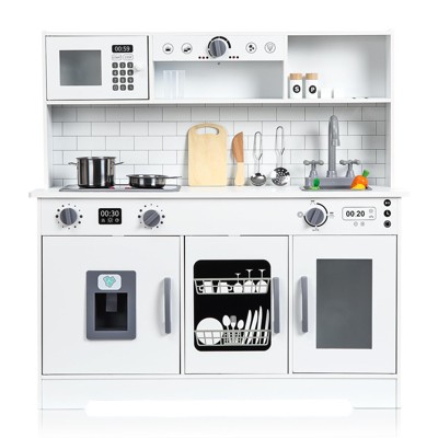 Wooden Play Kitchen, Kids Kitchen Playset with Cookware Accessories, Microwave, Oven, Sink, Real Lights & Sounds, Perfect for Chef Pretend Play