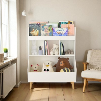 Mshliw Kids Bookshelf and Toy Storage Organizer with Legs, 3-Tier Bookcase with Bin, MDF and Pine Book Shelf for Nursery or Playroom