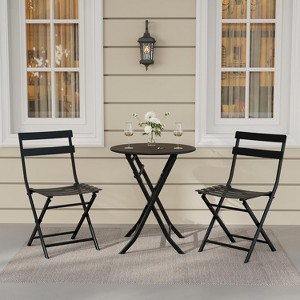 3 Piece Round Tube Steel Metal Bistro Set with Foldable Table and 2 Chairs for Balcony, Porch, Garden - 1 of 4