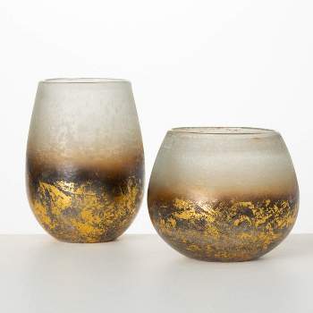 Sullivans 9" & 6.5" Frosted Gold Leaf Glass Vases Set of 2