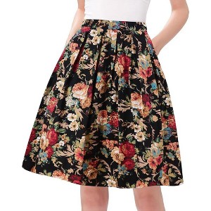 Vintage High-Waist Pleated Skirt - Women's A-Line Midi Skirt with Retro Flair Deep Golden Flower - 1 of 4