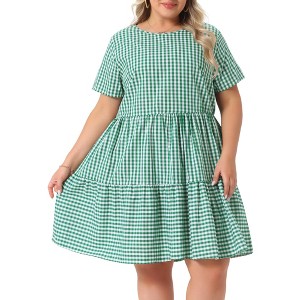 Agnes Orinda Women's Plus Size Gingham Vintage Plaid Round Neck Short Sleeve Tiered A-Line Midi Summer Dress - 1 of 4