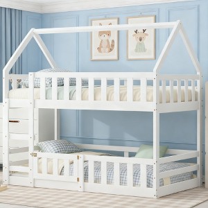 Luxystar Twin over Twin House Bunk Bed with Fence and Door for Kids Room, White - 1 of 4