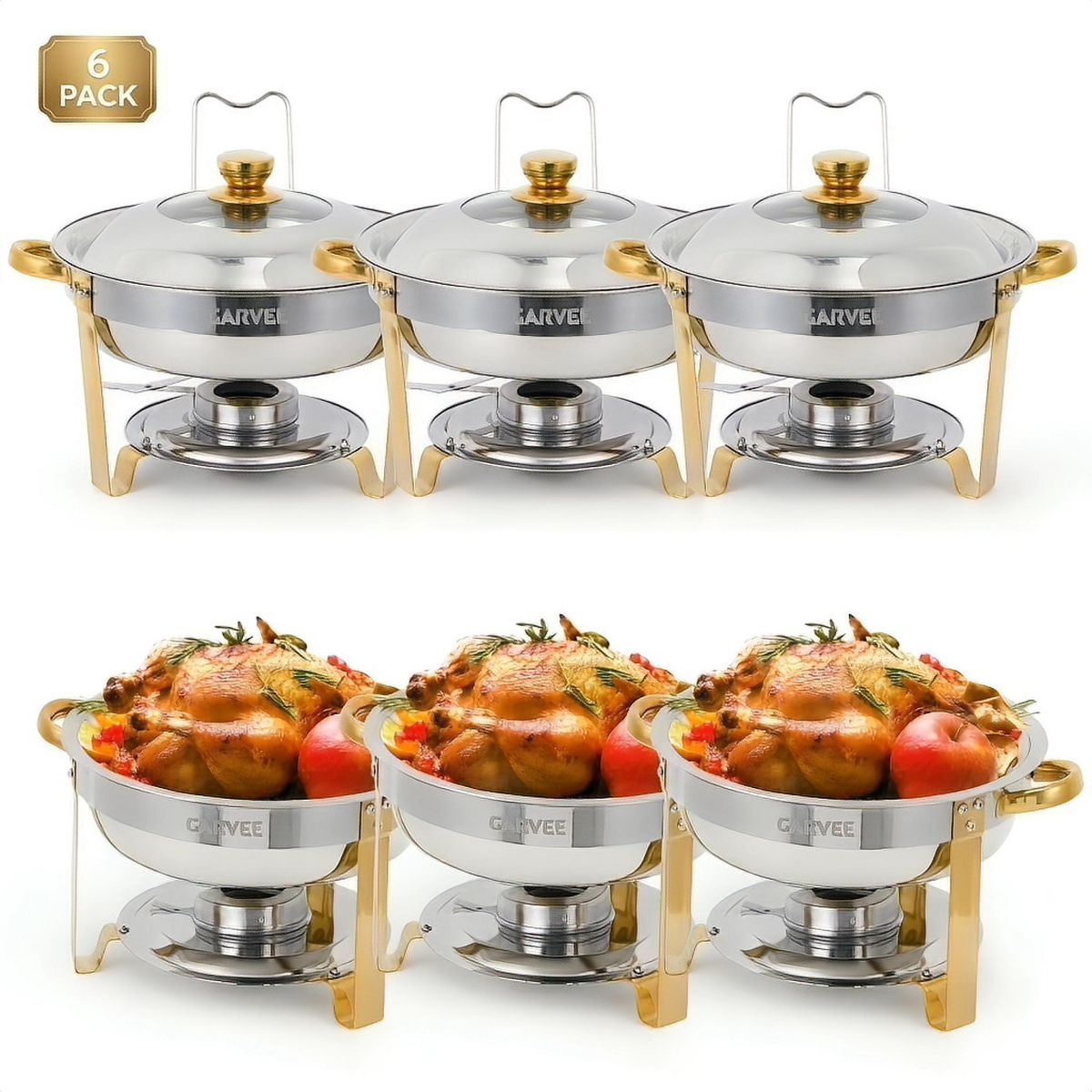 Garvee 2 Pack Round Chafing Dishes for Buffet, Stainless Steel Chafer Set, Clear Lid, Stand & Lid Hook, Half Gold Plated, Food Warmers for Catering - thumbnail 8