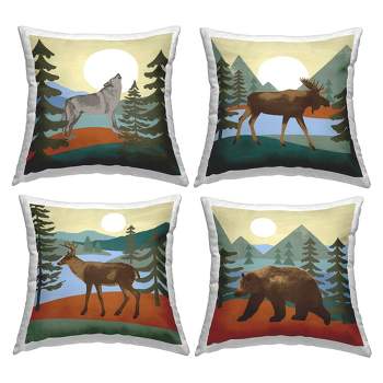 Stupell Industries Rustic Woodland Wildlife Silhouette Mountain Animals, 4 Pillows, Each 18 x 18