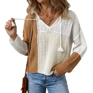 Women's Color Block Knit Top Long Sleeve V-Neck, Loose Fit Pullover Sweater with Openwork Detail - 1 of 4