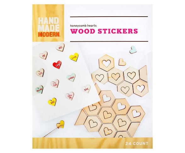 Hand Made Modern Honeycomb Hearts Wood Stickers - Multicolored