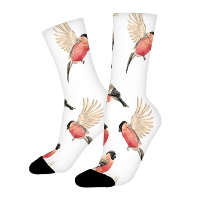 Watercolor Bullfinch Bird Women Printed Crew Socks Funny Funky Socks Soft Polyester Novelty Gifts for Artists Men