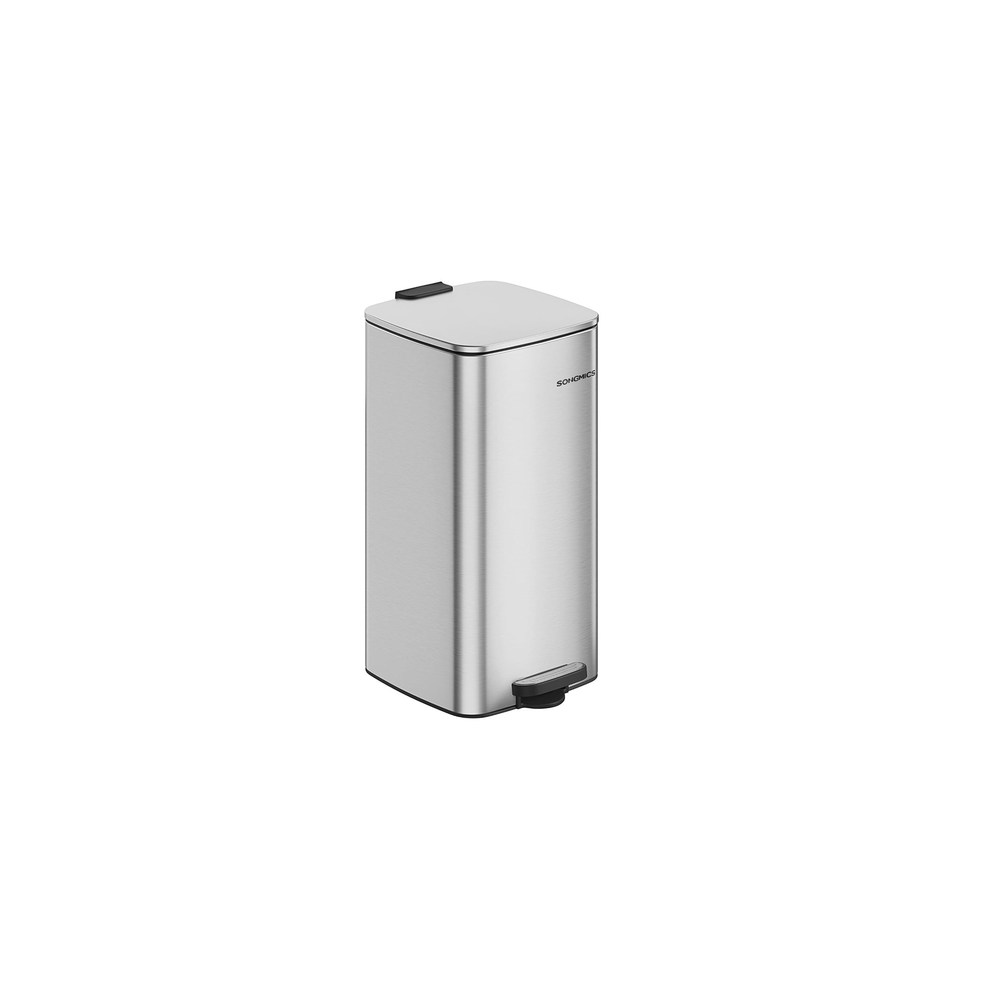 SONGMICS Trash Can, 8-Gallon (30 L) Trash Bin, Stainless Steel Kitchen Garbage Can, with Inner Bucket, Soft Close and Stays Open, Metallic Silver