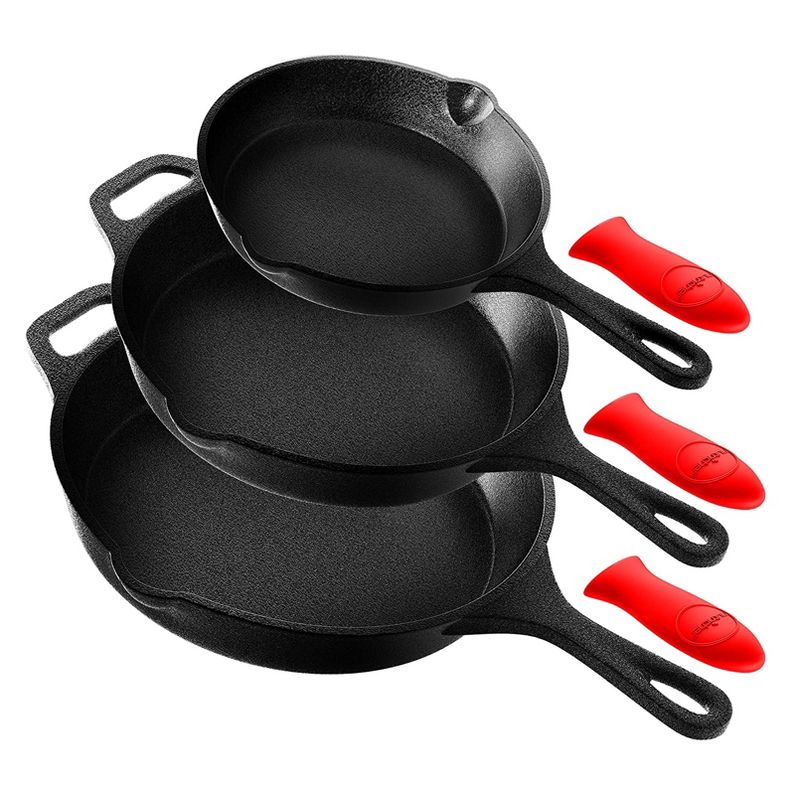 NutriChef Heavy Duty Non Stick Pre Seasoned Cast Iron Skillet Frying Pan 3 Piece Set Includes 8-Inch, 10-Inch, 12-Inch Pans, with Silicone Handles, 1 of 8