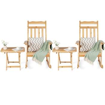 Costway 4PCS Patio Wooden Rocking Chair Bistro Set High Backrest with Folding Side Table