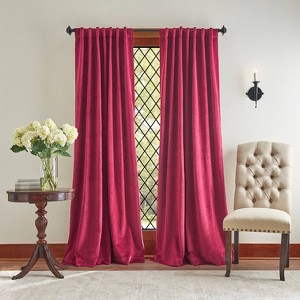 84"x50" Martha Stewart 2pk 95" Lucca Velvet Back Tab Lined Blackout Curtain Panel Pomegranate Red - 1 of 4