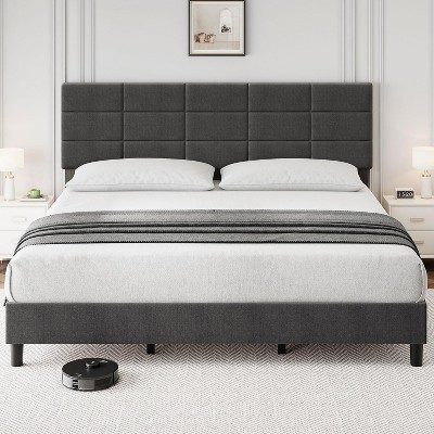 Twin Size Bed Frame with Adjustable Headboard, Linen Upholstered Twin Platform Bed Frame