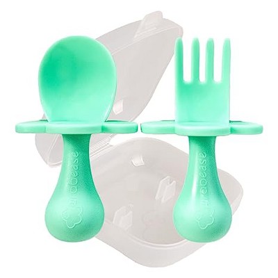 2 Pcs Baby Spoons Self Feeding 6 Months, Silicone Baby Spoons First Stage  and Baby Fork, Toddler Utensils for Baby Led Weaning with 1 Case (Green))