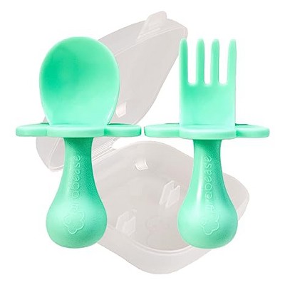 Image of Grabease Baby and Toddler Self-Feeding Utensils  Spoon and Fork Set, Mint 3 pcs