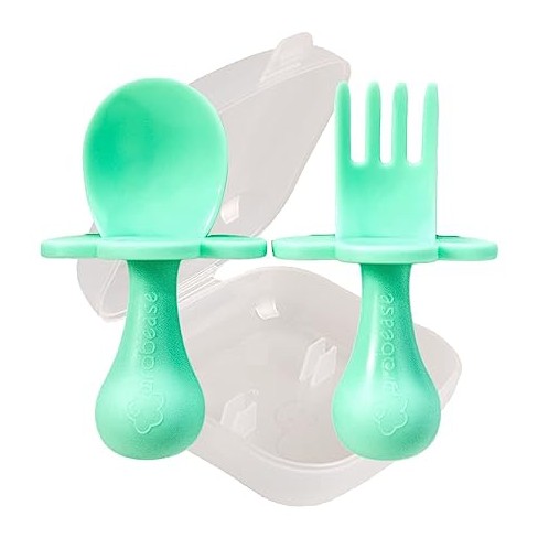 Grabease 4-Piece Stay-Put Table Set for Babies & Toddlers 6 Months & Up:  Silicone Section Plate & Divided Bowl with Suction Bottoms Plus Self-Feeding  Spoon & Fork; BPA-Free, Dishwasher Safe (Mint) 