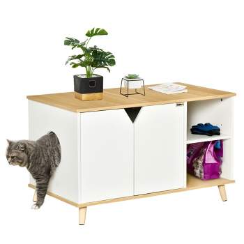 PawHut Wooden Cat Litter Box Enclosure, Hidden Cat Washroom, Kitty End Table, Furniture Style with Double Doors & Adjustable Storage Shelf, Oak