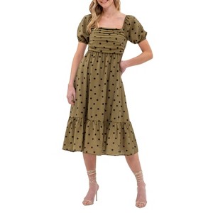 August Sky Women's Polka Dot Puff Sleeve Pleated Front Midi Dress - 1 of 4