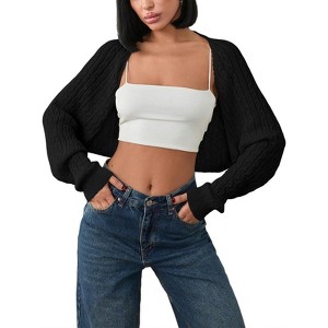 Clearlove Women's Knitted Crop Cardigan,Crochet Ribbed Puff Sleeve Outerwear,Ladies Solid Color Long Sleeve Loose Jumper Cardigans,Open Front Sweater - 1 of 4