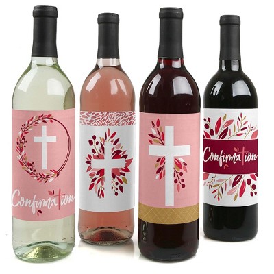 Big Dot of Happiness Confirmation Pink Elegant Cross - Girl Religious Party Decorations for Women and Men - Wine Bottle Label Stickers - Set of 4