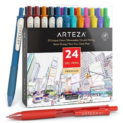 Arteza Retractable Gel Ink Colored Pens Set, Vintage & Bright Colors - Doodle, Draw, Journal - 24 Pack