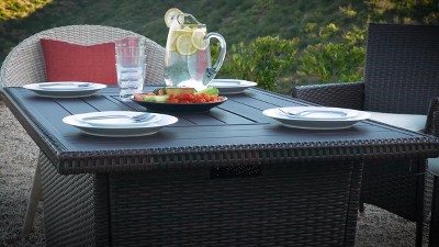 Gray Wicker Propane Gas Fire Pit Table with Glass Wind Guard