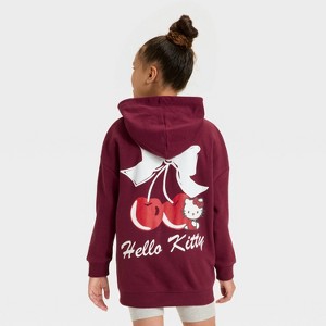 Girls' Hello Kitty Front and Back Cherry Bow Oversized Hooded Fleece Sweatshirt - Red - 1 of 4