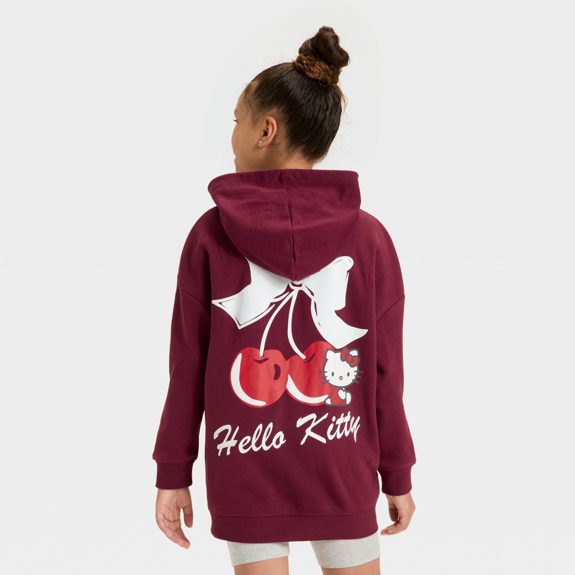 Hello Kitty Girls' Hooded Cherry Bow Oversized Pullover Sweatshirt - Red L