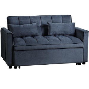 TiramisuBest 3-in-1 Convertible Sleeper Sofa Bed, Velvet Loveseat Futon Couch with Pull-Out Bed, Pillows & Storage Pockets, Black - 1 of 4