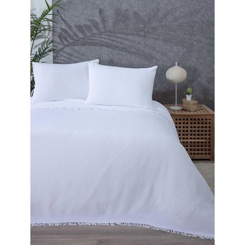 Sussex Home Muslin Blanket 4 Layers, Soft Bedspread, 100% Turkish Cotton Muslin Bed Cover, Reversible Coverlet, White, 91x95, Queen Size