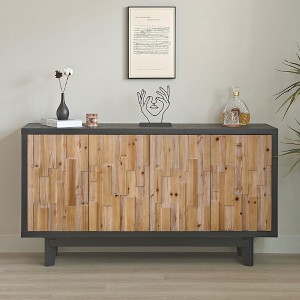 60" Modern Wooden 4-Door Storage Cabinet with Textured Geometric Natural Wood Doors for Living Room, Dining Room, Hallway - 1 of 4