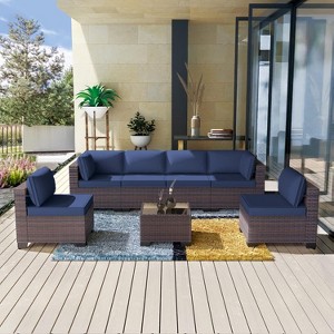ALAULM Patio Furniture Outdoor Sectional PE Rattan Sofa Set Brown Manual Wicker Patio Conversation Set with Seat Cushions - 1 of 4