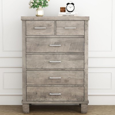 Dresser for Bedroom with 6 Drawers, 45" Tall Grey Chests of Drawers with Storage, Large Drawer Dresser for Closet, Wooden Storage Cabinet for Entryway