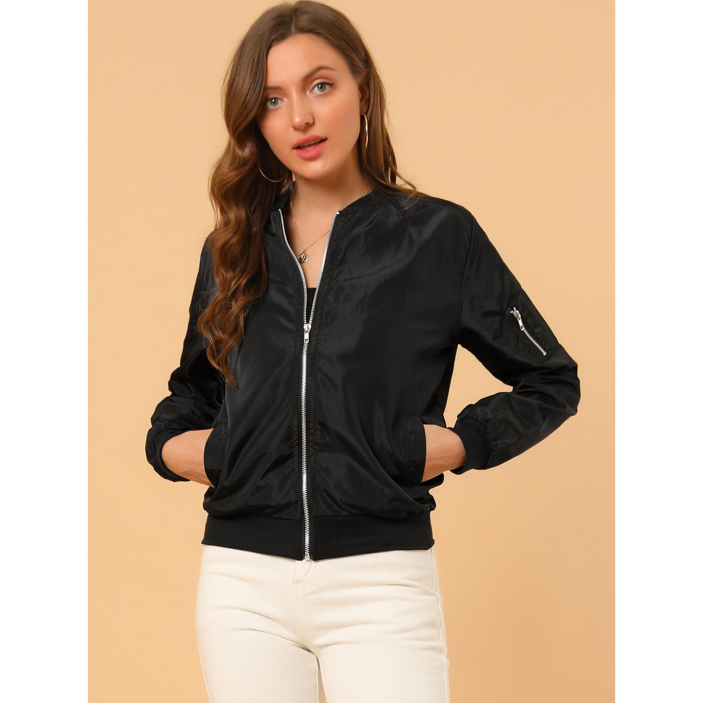 Женская куртка Allegra K Bomber Jacket Casual Lightweight Zip-Up with Pockets Small Black, цвет: Чёрный — фото 3