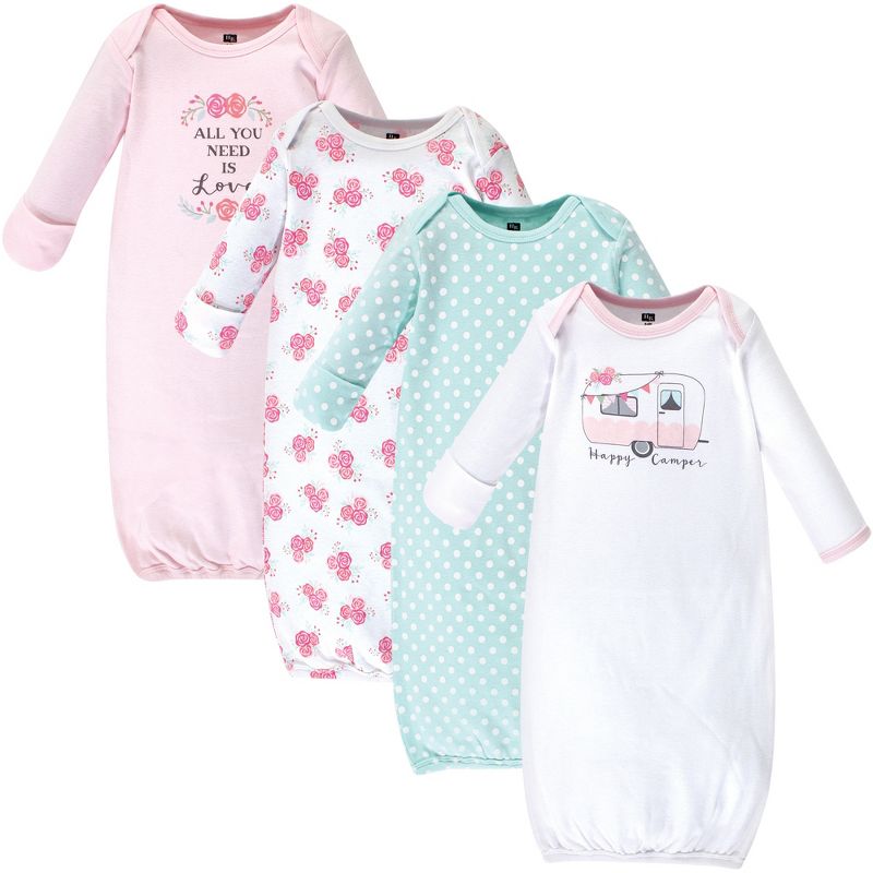 Hudson Baby Infant Girl Cotton Long-Sleeve Gowns 4pk, Pink Happy Camper, 0-6 Months, 1 of 7