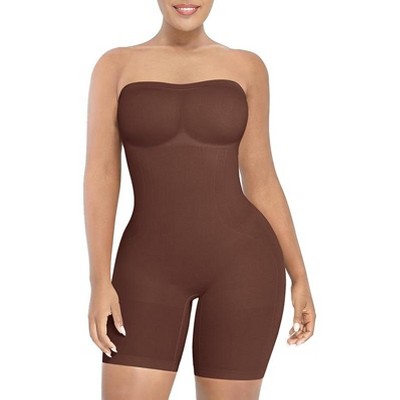 SHAPELLX Women's Shapewear Bodysuits Tummy Control Butt Lifter Body Shaper Strapless Seamless Mid Thigh Jumpsuit Tops—Brown 38