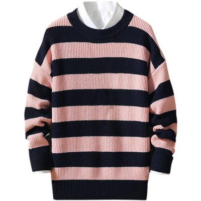 Lars Amadeus Men's Color Block Round Neck Pullover Stripe Knit Sweater